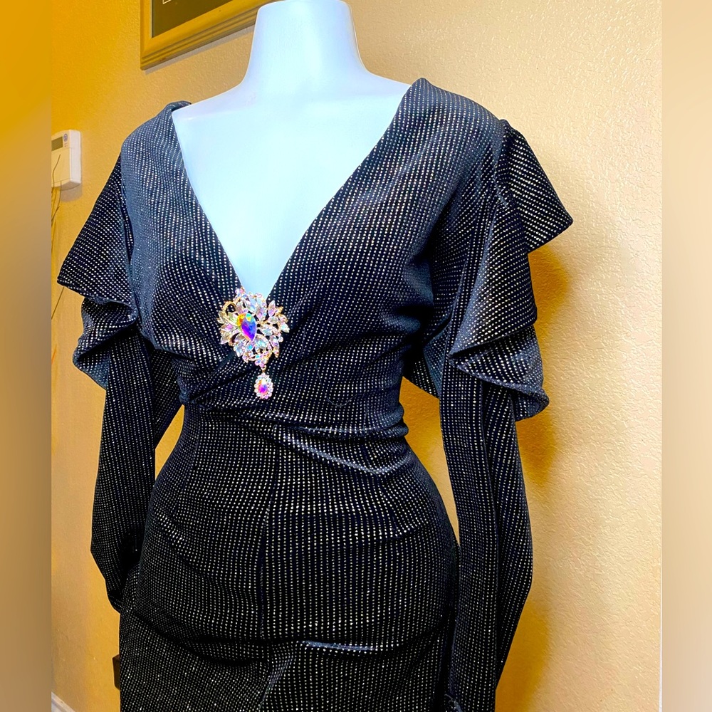 Black Jump suit long sleeves.  Brooch not included